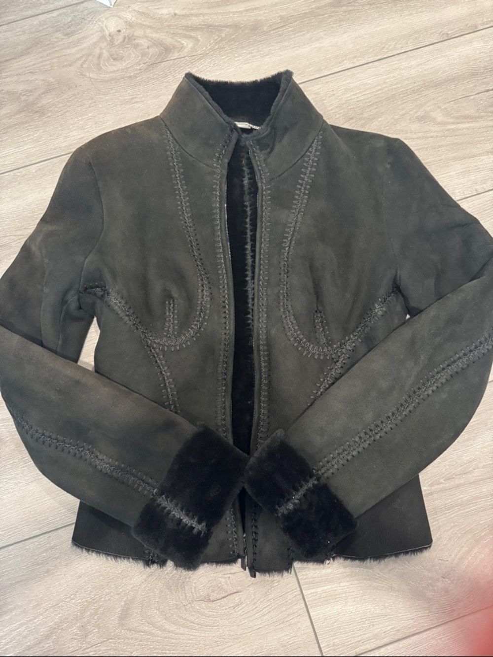 Alexander McQueen Black Suede Shearling Trim Jacket